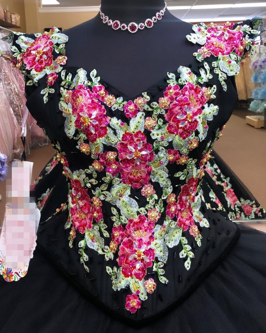Amazing 3D Floral Flowers Ball Gown Cap Short Sleeves Black Quinceanera Dresses Prom Dress Floor ...