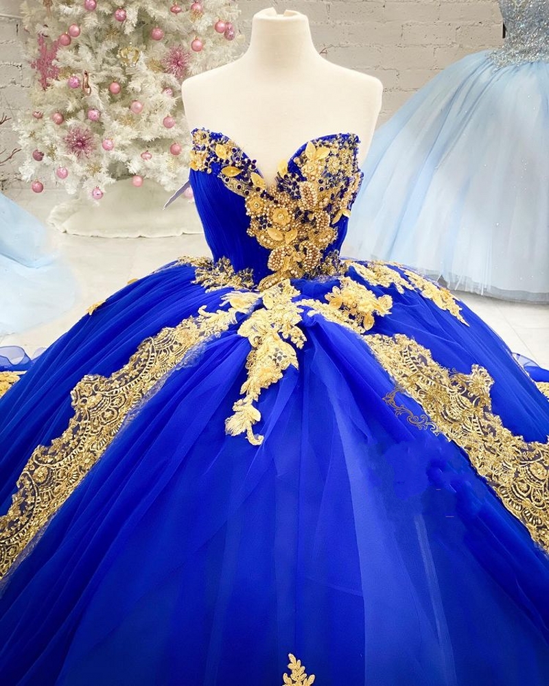 Stunning Gold Lace Applique Sweetheart Royal Blue Tulle Ball Gown Prom ...
